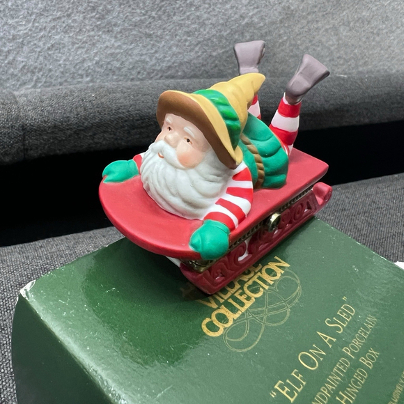 Department 56 Other - Dept 56 Heritage Village Elf On A Sled Hinged Box Christmas Collection Porcelain